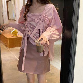 Shirred Bow Long-sleeve Blouse / Faux Leather Mini A-line Skirt / Belt
