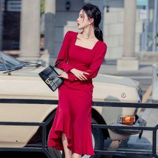 Square-neck Long-sleeve Mermaid Dress