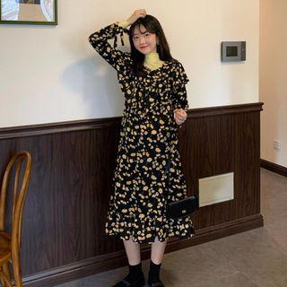 Ruffled Floral Long-sleeved Dress Yellow - One Size
