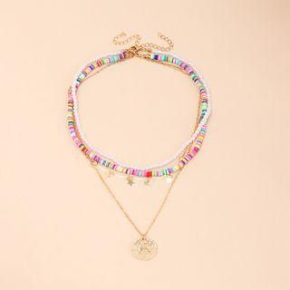 Color Block Faux Pearl Layered Necklace 1 Pc - Red & Pink & Yellow - One Size