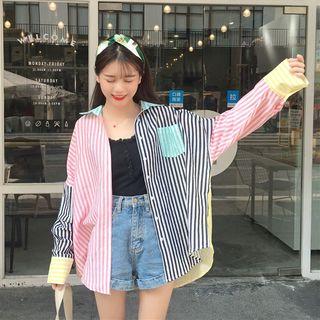 Long-sleeve Color-block Striped Shirt