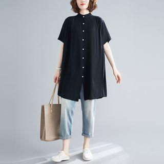 Plain Short-sleeve Blouse Black - One Size