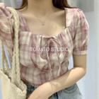 Square Collar Plaid Lace Up Bow Short-sleeved Top