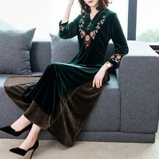 Long-sleeve Floral Embroidered Velvet Midi A-line Dress