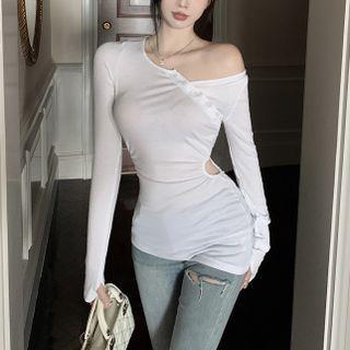 One-shoulder Button-up Cutout Long Sleeve Top White - One Size