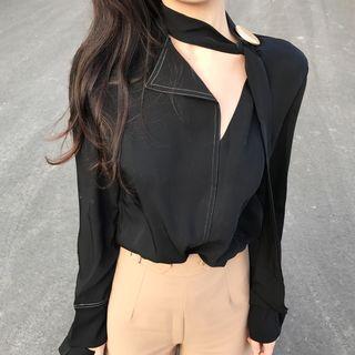 Plain Irregular Long-sleeve Loose-fit Blouse
