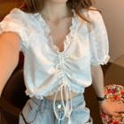 Puff-sleeve Ruffled Drawstring Crop Top White - One Size