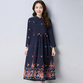 Long-sleeve Mandarin Collar Embroidered A-line Dress