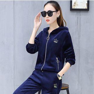 Set: Crown Embroidered Hooded Velvet Zip Jacket + Sweatpants