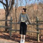 Set: Plaid Turtleneck Oversize Sweater + Knit Midi Straight-fit Skirt