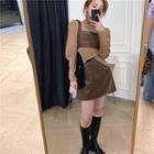 Puff-sleeve T-shirt / Faux Leather Cropped Camisole Top / Mini A-line Skirt