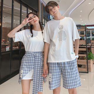Couple Matching Elbow-sleeve Printed T-shirt / Mini Dress / Plaid Shorts / Asymmetric Skirt