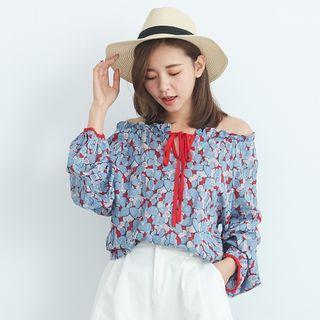 Lantern-sleeve Off-shoulder Frilled Trim Lace-up Print Blouse
