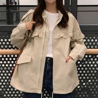 Frill-trim Zip Jacket Khaki - One Size