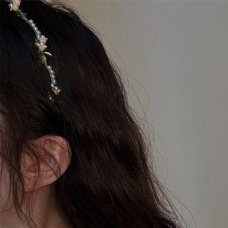 Flower Faux Pearl Alloy Headband Beige Flowers - White - One Size