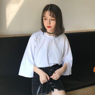 3/4-sleeve Loose-fit Crewneck Sheath Plain T-shirt