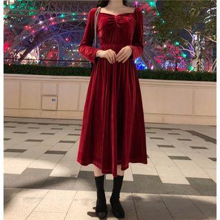 Long-sleeve Twist-front Velvet Maxi Dress