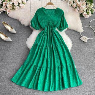 V-neck Eyelet Smocked Dress Green - One Size