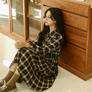 Plaid Ribbon Long Sleeve Dress Almond + Coffee - One Size