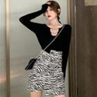 Long-sleeve Chained T-shirt / Asymmetric Zebra Print A-line Skirt