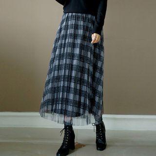 Tulle-overlay Plaid Long Skirt