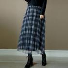 Tulle-overlay Plaid Long Skirt