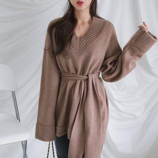 V-neck Loose-fit Sweater With Sash