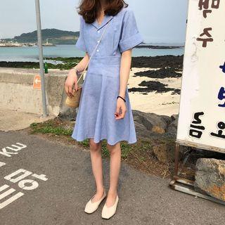 Plain Short Sleeve A-line Collared Dress Blue - One Size