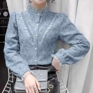 Mock-neck Mesh Trim Blouse