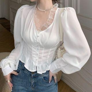 Puff-sleeve Mesh Ruffled Blouse