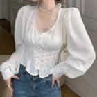 Puff-sleeve Mesh Ruffled Blouse