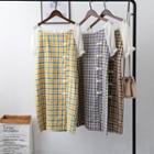 Short-sleeve Frog Button Plaid Mini Sheath Dress
