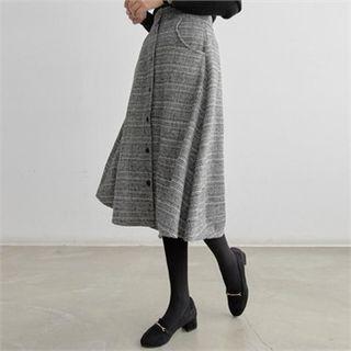Button-front Glen-plaid Midi Flare Skirt