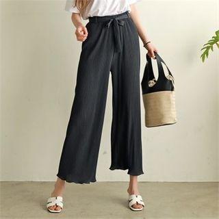 Band-waist Ribbed Wide-leg Pants With Sash Beige - One Size