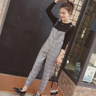 Set: Plain Long-sleeve Top + Plaid Buckled Dungaree