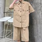 Set: Elbow-sleeve Cargo Shirt + Belted Wide Leg Shorts