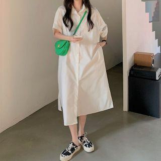 Short-sleeve Plain Midi Shirtdress Almond - One Size