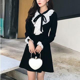 Long-sleeve Dotted Mesh Panel Mini A-line Dress
