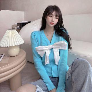 V-neck Bow Cropped Cardigan Blue - One Size