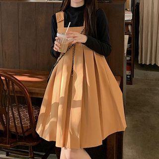 Pleated Midi A-line Overall Dress / Long-sleeve T-shirt