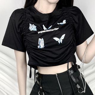 Short-sleeve Butterfly Print Drawcord T-shirt