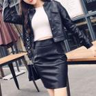 Set: Faux Leather Button Jacket + Mini Pencil Skirt