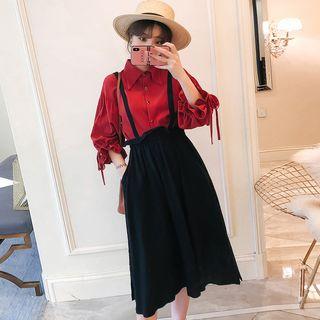 Set:elbow-sleeve Blouse + A-line Jumper Skirt