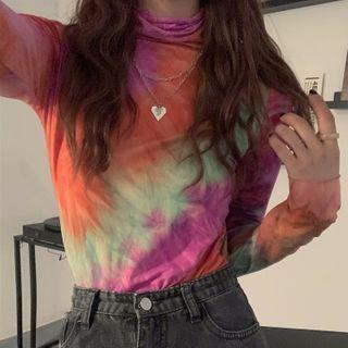 Long-sleeve Print T-shirt Pink & Tangerine & Green - One Size