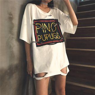 Lettering Applique Ripped Elbow Sleeve T-shirt Dress