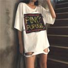 Lettering Applique Ripped Elbow Sleeve T-shirt Dress