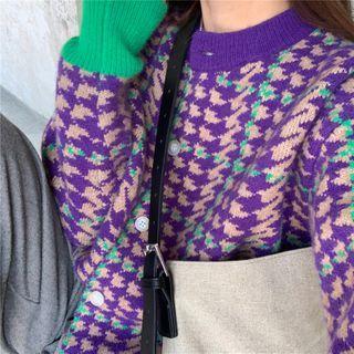 Houndstooth Color-block Cardigan Purple - One Size