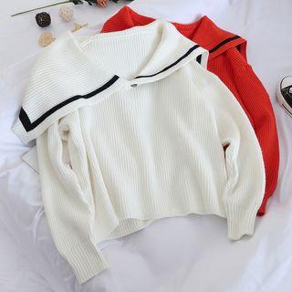 Asymmetric Contrast Trim Wide Collar Knit Top