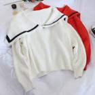 Asymmetric Contrast Trim Wide Collar Knit Top