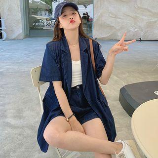 Set : Notch Lapel Denim Jacket + High-waist Denim Shorts
